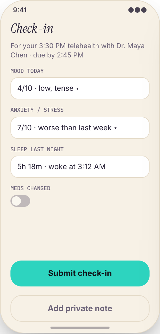 Therapist Practice prototype showing Pre-session check-ins