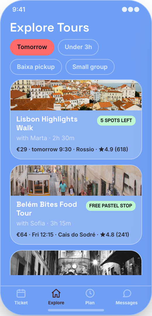 Lisbon Tour Operator prototype showing Tour cards built for decisions
