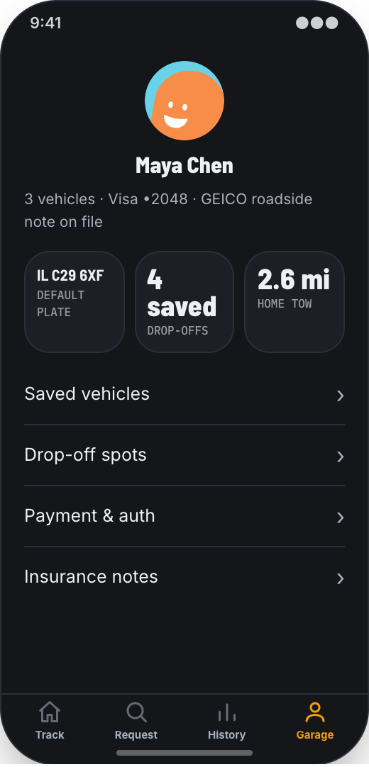 Towing Company prototype screen showing Live Tow Map