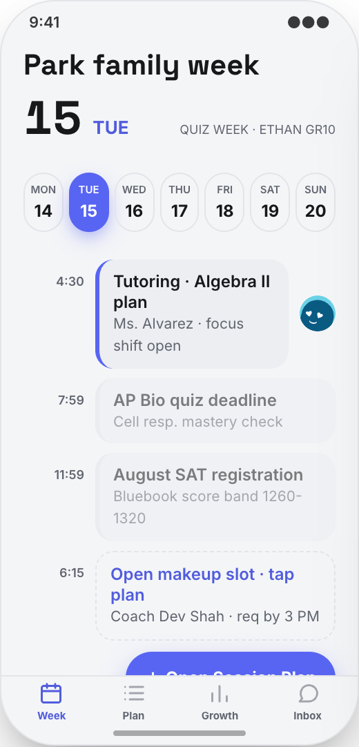 Tutoring Center prototype showing Jordan Prep Calendar