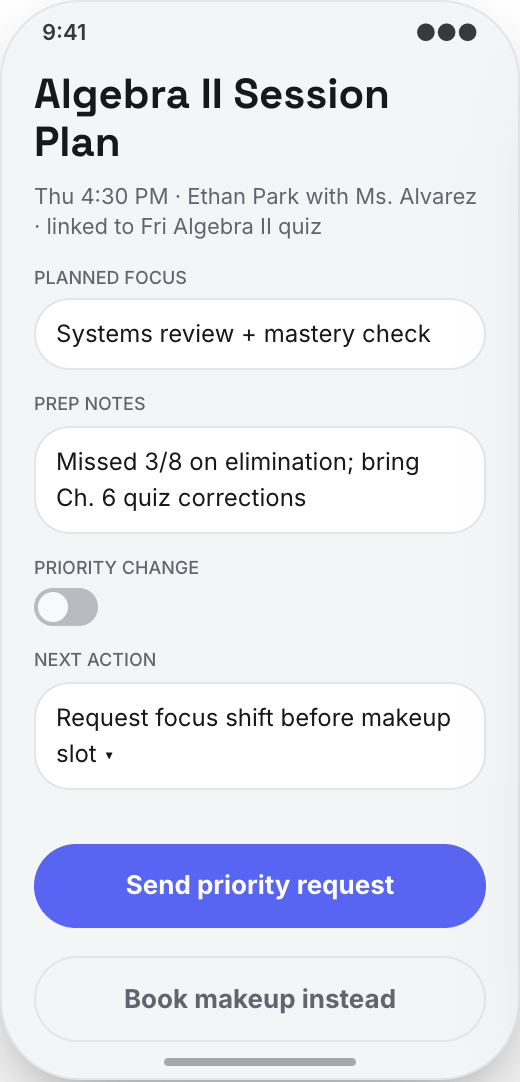 Tutoring Center prototype showing Session prep focus