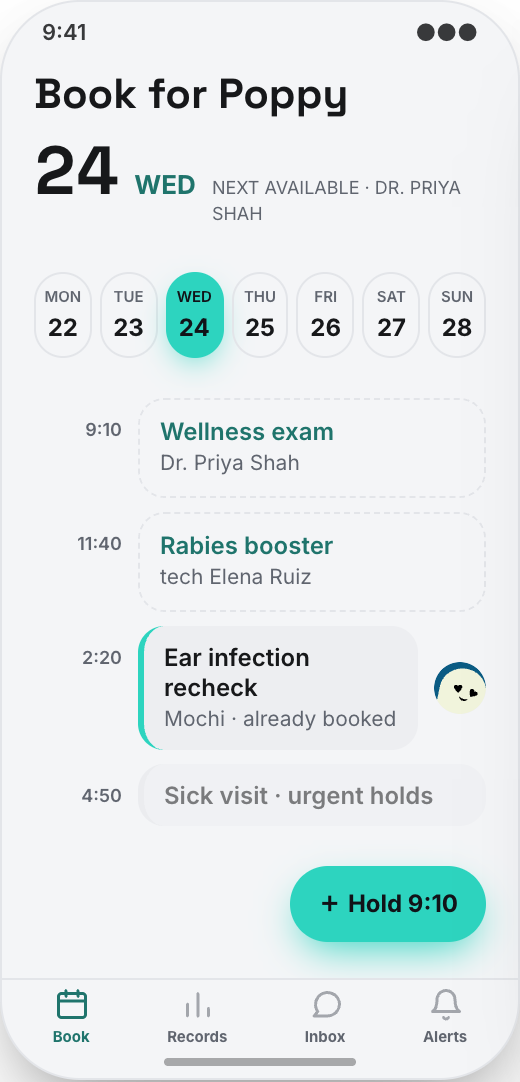 Veterinary Clinic prototype showing Book Visit